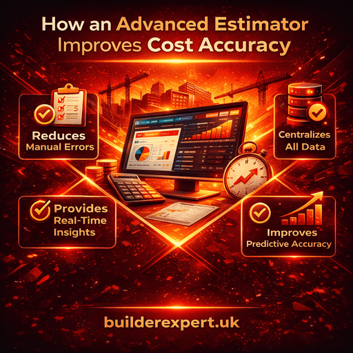 Infographic explaining how an advanced estimator improves cost accuracy by reducing manual errors and providing real-time cost insights for builders