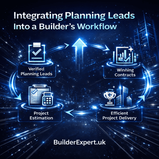 Infographic showing how builders integrate planning leads into a structured workflow for estimation, contracts, and efficient project delivery