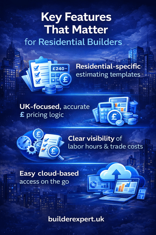 Key_Features_That_Matter_50 Vertical infographic showing key features for residential builders, with bold blue graphics, city building background, and construction estimating icons.