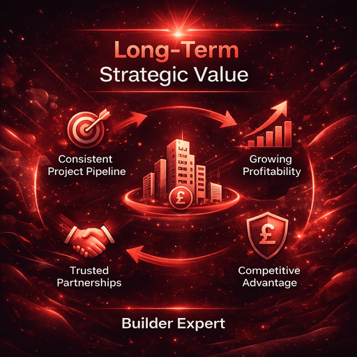 Infographic illustrating the long-term strategic value of exclusive construction leads UK, showing consistent project pipeline, growing profitability, competitive advantage and trusted partnerships in coral and ruby tones with Builder Expert branding.