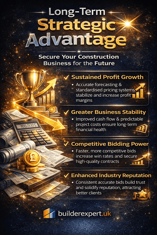 Long-Term Strategic Advantage infographic showing sustained profit growth, competitive bidding power and £ margin stability for UK residential contractors