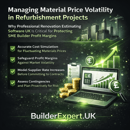 Managing_Material_Price_Volatility_50 Professional Renovation Estimating Software UK infographic showing how SME builders manage material price volatility in refurbishment projects and protect profit margins.
