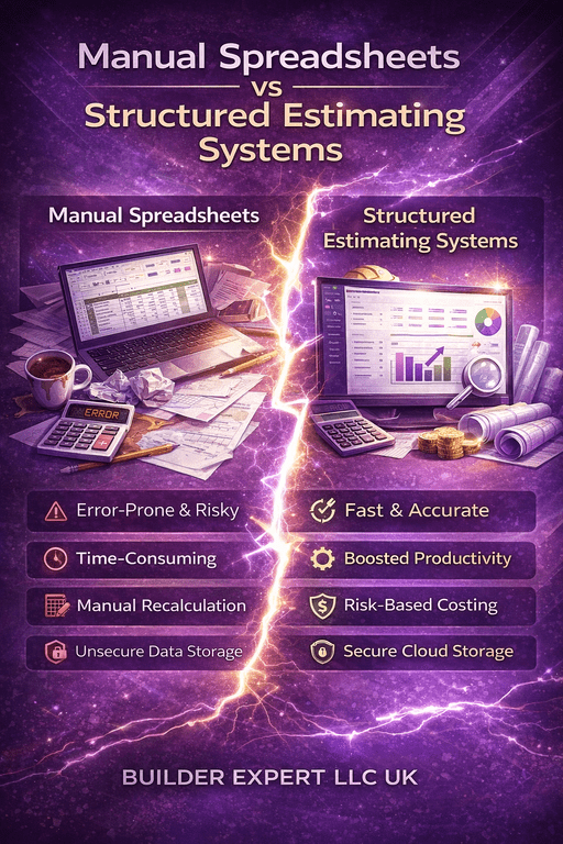 4:5 vertical infographic comparing Manual Spreadsheets vs Structured Estimating Systems with dramatic purple lightning split design, highlighting errors vs accuracy, productivity and risk-based costing, branded Builder Expert LLC UK.
