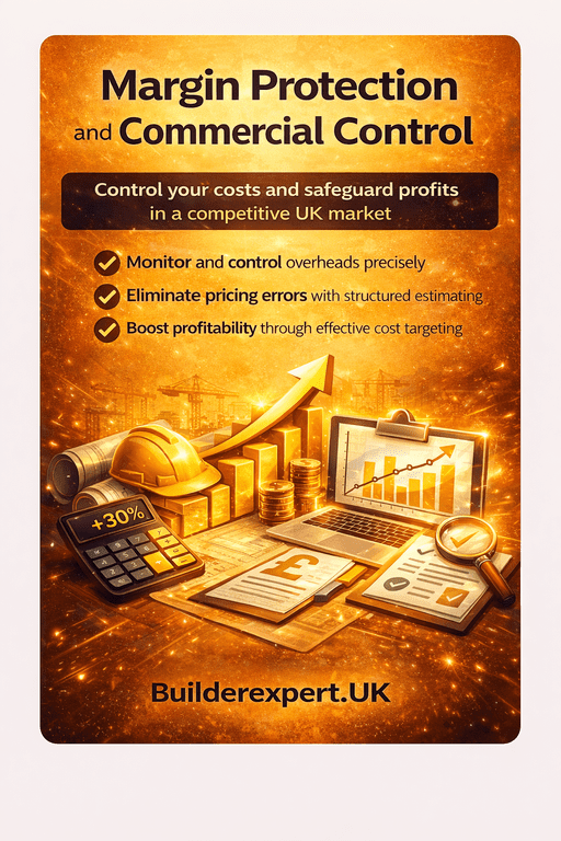 Margin_Protection_and_Commercial_Control_50 Margin Protection and Commercial Control infographic with glowing financial and construction graphics, calculator, profit growth chart, coins and hard hat on bright dark-yellow background branded Builderexpert.uk