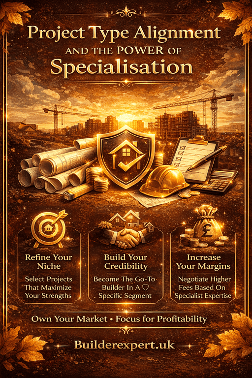 Project_Type_Alignment_and_the_Power_of_Specialisation_50 Project type alignment and the power of specialisation infographic in autumn brown and gold tones showing niche focus, credibility building and margin growth with BuilderExpert.uk branding