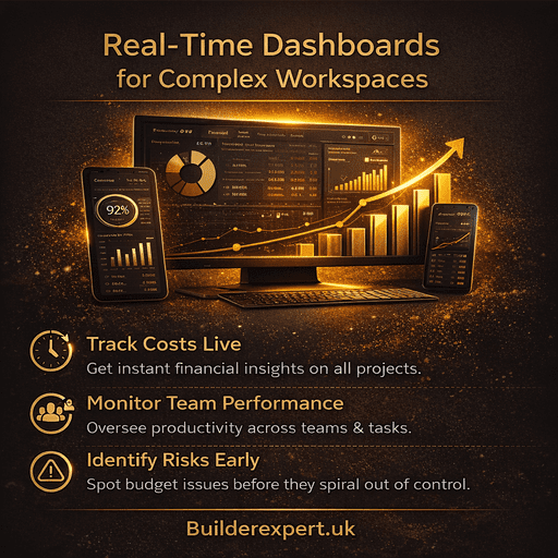 Square infographic showing Real-Time Dashboards for Complex Workspaces with gold financial charts, digital screens, and performance metrics on a dark black and gold background branded BuilderExpert.uk.