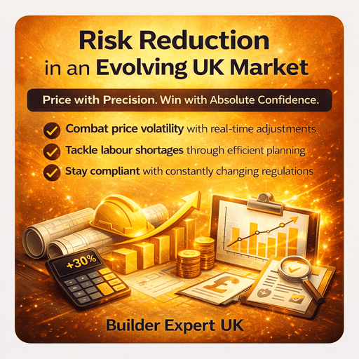 Risk_Reduction_In_an_Evolving_UK_50 Risk Reduction in an Evolving UK Market infographic with glowing construction graphics, hard hat, charts, calculator, and financial symbols on bright dark-yellow background branded Builder Expert UK