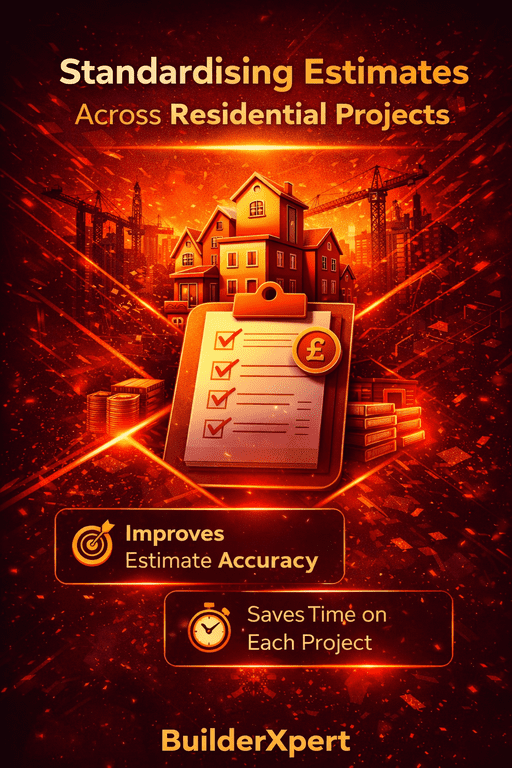 Vertical infographic showing how standardising estimates across residential projects improves accuracy, saves time, and ensures consistent pricing for builders