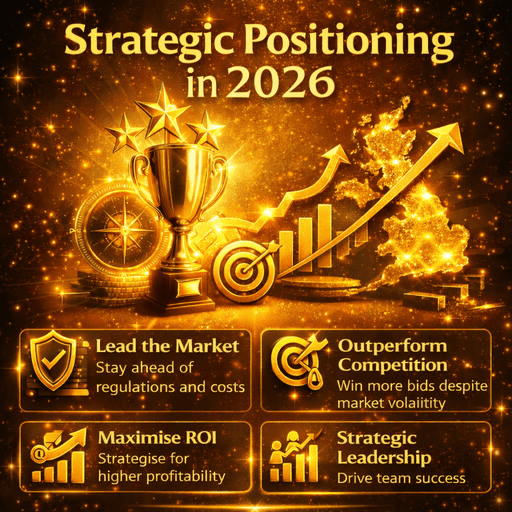 Strategic Positioning in 2026 infographic for UK residential contractors highlighting market leadership, competitive advantage, ROI growth and financial visibility in glossy amber and gold BuilderExpert.uk branding.