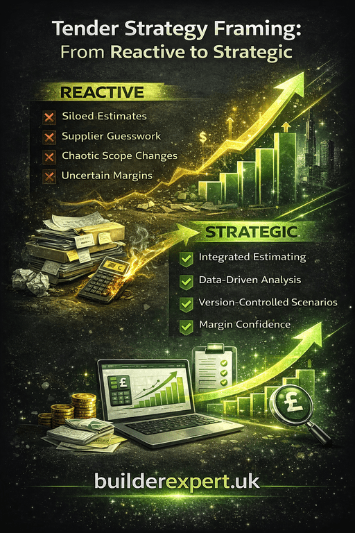 Tender_Strategy_Framing_50 Tender Strategy Framing infographic showing how UK refurbishment builders move from reactive pricing to strategic modelling and risk-controlled tender preparation.