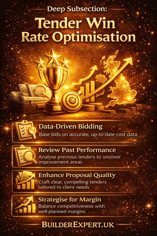 Tender Win Rate Optimisation infographic for UK residential contractors highlighting data-driven bidding, proposal quality, margin strategy and competitive positioning in glossy amber and gold BuilderExpert.uk branding.
