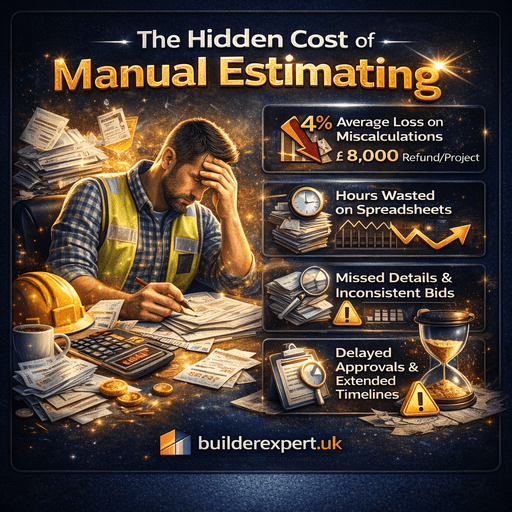 The Hidden Cost of Manual Estimating infographic showing 4% average loss, £8,000 project impact, wasted hours on spreadsheets and delayed approvals in UK residential construction