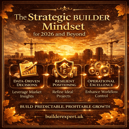 The_Strategic_Builder_Mindset_50 Strategic builder mindset for 2026 and beyond infographic with gold icons, autumn brown background and BuilderExpert UK branding focused on data-driven growth and operational excellence