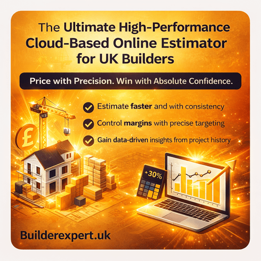 The_Ultimate_High_-_Performance_50 Cloud-Based Online Estimator for UK Builders infographic showing glowing construction graphics, crane, house, calculator, and growth chart on dark yellow background with Builderexpert.uk branding