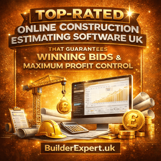 Infographic showing Online Construction Estimating Software UK with gold £ symbols, construction crane, calculator and profit growth dashboard in orange and gold Builder Expert branding.