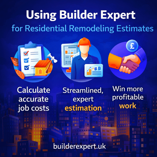 Using_Builder_Expert_50 Square infographic showing how Builder Expert supports residential remodeling estimates, with bold graphics, cost icons, and a city building background.
