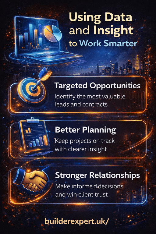 Using_Data_and_Insight_50 Vertical infographic showing how UK builders use data and insight to work smarter, with targeted opportunities, better planning, and stronger client relationships highlighted in a dark, high-impact design.