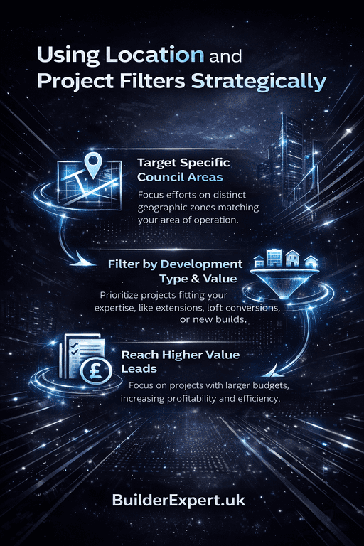 Infographic showing how builders use location and project filters strategically to target high-value residential construction leads