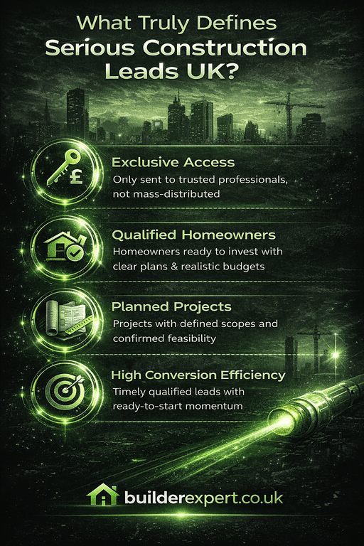 Vertical infographic explaining what truly defines serious construction leads UK, highlighting exclusive access, qualified homeowners, planned projects and high conversion efficiency in dark green and bright white professional design with builderexpert.co.uk branding.