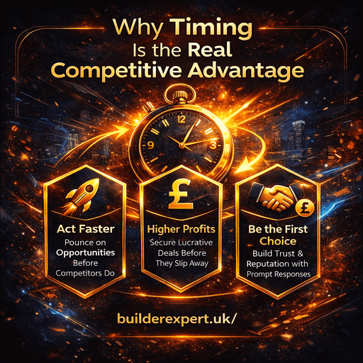 Why_Timing_is_the_real_Competitive_50 Square infographic showing a UK builder highlighting why timing is the real competitive advantage, with early access to projects, better planning, fewer competitors, and stronger profit outcomes.