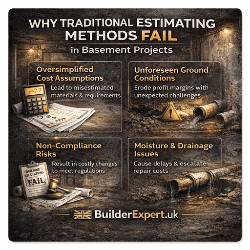 Infographic explaining why traditional estimating methods fail in basement projects, highlighting cost assumptions, ground risk and compliance issues