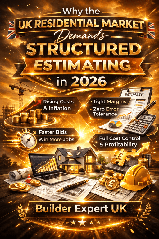 Vertical 4:5 infographic showing why the UK residential market demands structured estimating in 2026, featuring £ symbols, rising cost charts, house construction visuals and Builder Expert UK branding in orange and gold