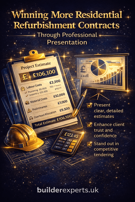 Winning_More_Residential_Refurbishment_Contracts_50 Winning more residential refurbishment contracts infographic with navy blue background and gold glossy typography, showing structured project estimates, presentation graphics and profit growth visuals for UK contractors.