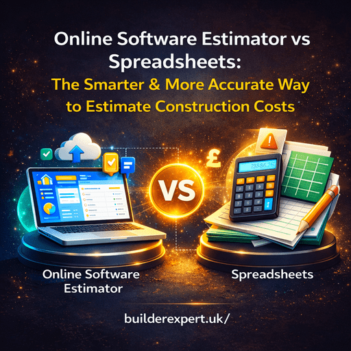 Online Software Estimator vs Spreadsheets infographic showing a modern construction estimating tool compared to traditional spreadsheets