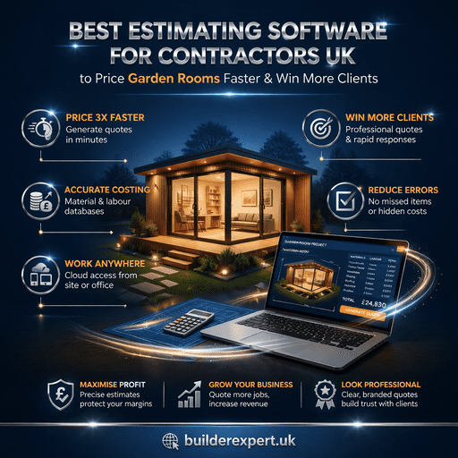 Estimating Software for Contractors UK infographic showing how builders can price garden room projects faster and win more clients