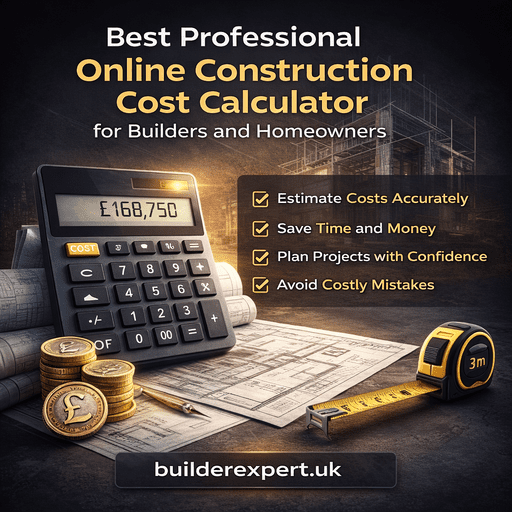 Best_Professional_Online_Construction_50 Infographic showing a professional online construction cost calculator with £ cost estimation, construction tools, and key benefits for builders and homeowners in the UK.