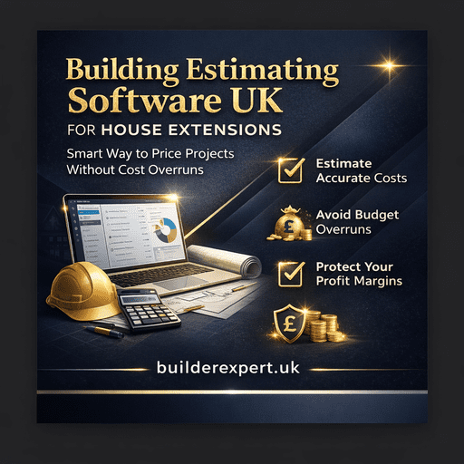 Building_Estimating_Software_UK_50 Infographic showing how builders use building estimating software UK to price house extension projects accurately, avoid cost overruns, and protect profit margins.