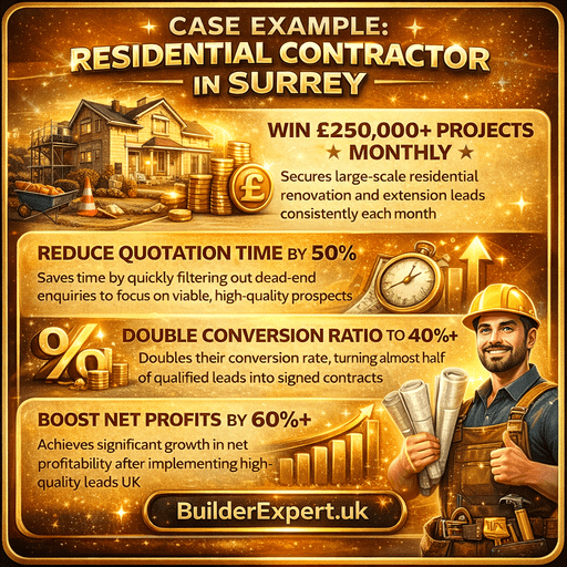 Square infographic titled “Case Example: Residential Contractor in Surrey” showing performance growth metrics including increased conversion rates, reduced quotation time and higher net profit, designed in glossy yellow and orange tones with gold typography and BuilderExpert.uk branding at the bottom.