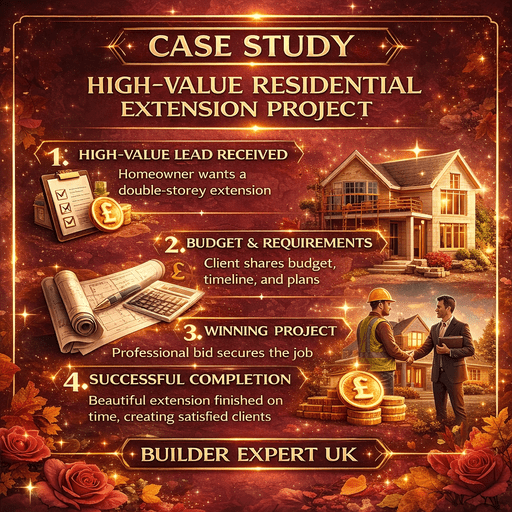Case Study High Value Residential Extension Project infographic showing how a construction lead turned into a £120k residential extension project