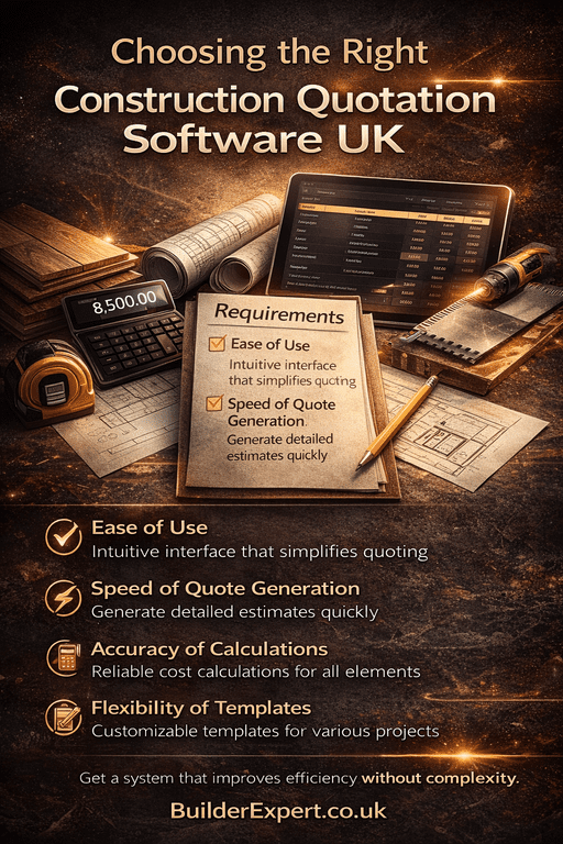Choosing_the_right_Construction_Quatation_50 Infographic showing how to choose the right construction quotation software UK with key features like ease of use, speed, accuracy, and flexible templates.