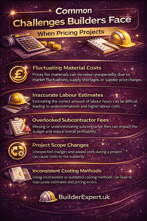 Infographic showing common challenges builders face when pricing construction projects including fluctuating material costs, labour estimate errors, subcontractor fees, and project scope changes.