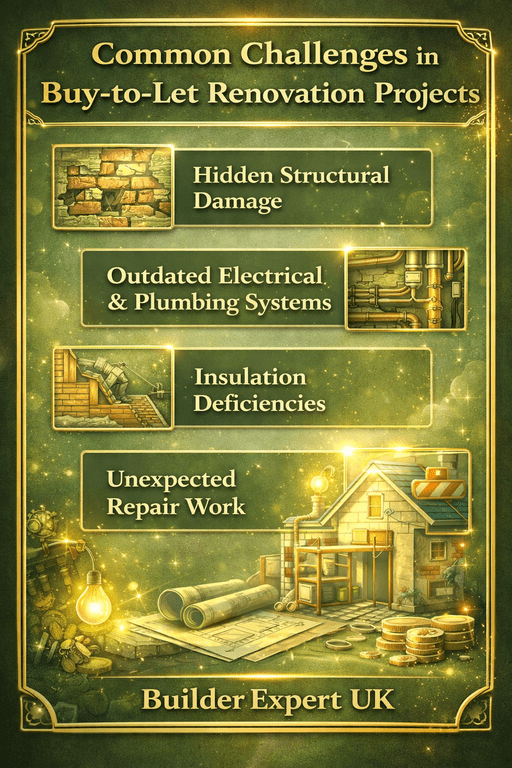 Common_Challenges_in_Buy_to_Let_50 Infographic showing common challenges in buy-to-let renovation projects including hidden structural damage, outdated systems, insulation issues, and unexpected repair costs.