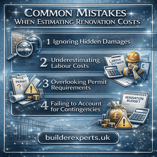 Common mistakes when estimating renovation costs infographic showing key errors builders should avoid when planning renovation budgets.