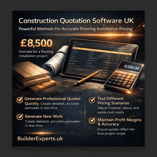 Infographic showing construction quotation software UK for accurate flooring installation pricing with £8,500 estimate, cost breakdown tools, and professional estimating features.