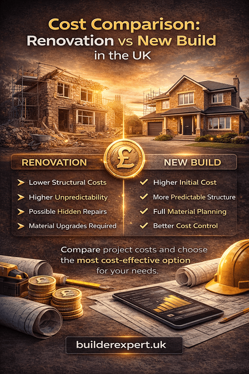 Cost_Comparison_Renovation_vs_New_build_50 (1) Infographic comparing renovation vs new build costs in the UK, highlighting £ cost differences, planning factors, and project considerations.