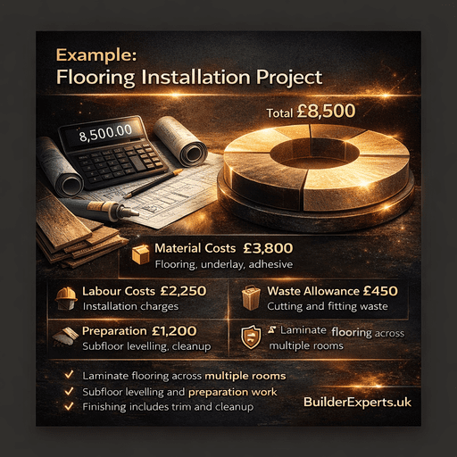 Example_Flooring_Installation_Project_50 Infographic showing flooring installation project cost breakdown with £8,500 total, including materials, labour, preparation, and waste costs in a professional construction estimate.