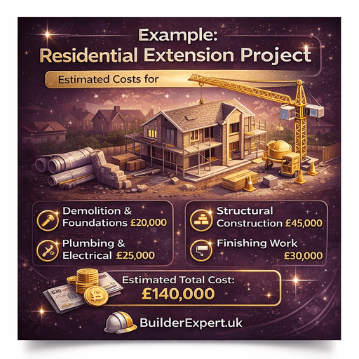 Infographic showing a residential extension project example with estimated construction costs in pounds including demolition, structural work, plumbing, electrical installation, and finishing work.