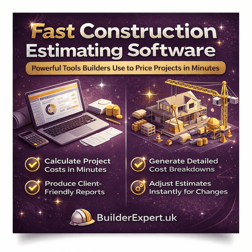 Infographic showing Fast Construction Estimating Software tools that help builders calculate project costs, generate detailed estimates, and price construction projects in minutes.