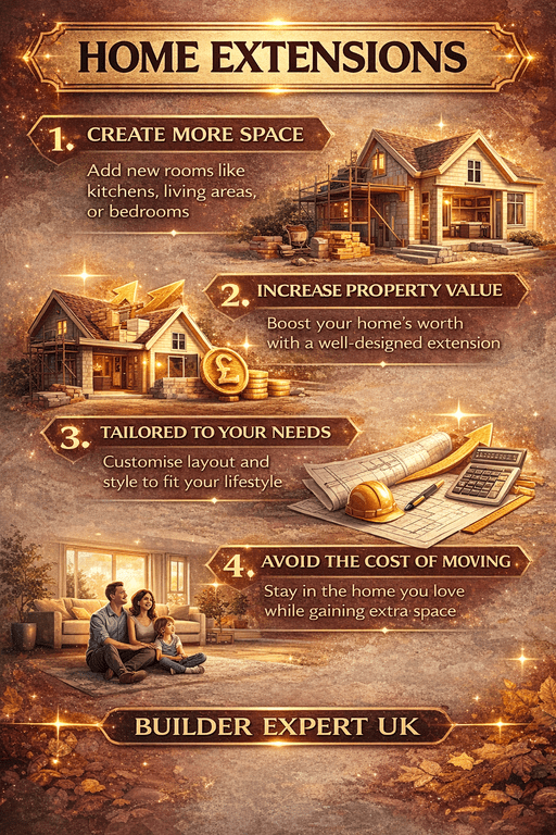 Home extensions infographic showing how residential extensions add space, increase property value, and create new living areas for UK homeowners