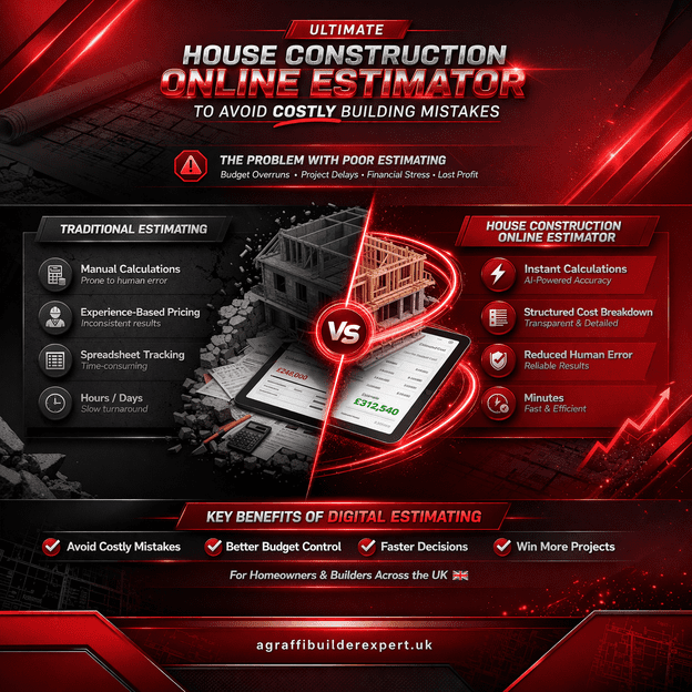 Infographic showing a house construction online estimator with cost comparison, £ pricing, and benefits of digital estimating for UK residential projects.
