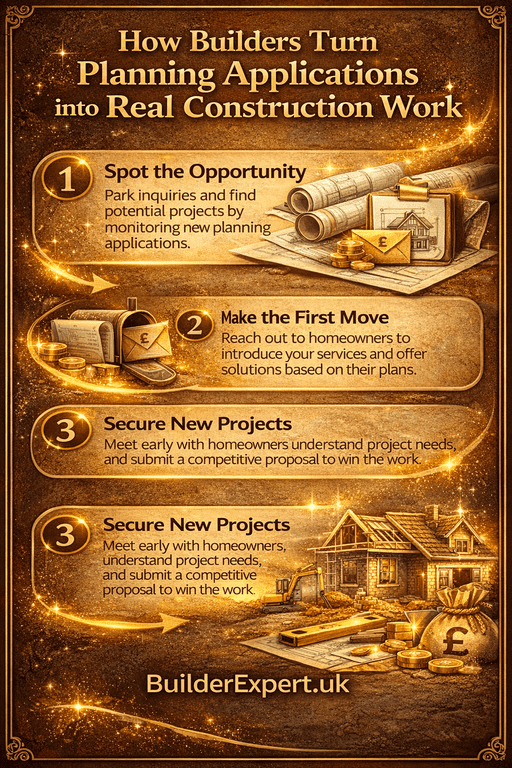 How_Builders_Turn_Planning_Applications_50 How builders turn planning application leads UK into real residential construction projects infographicTitleHow Builders Turn Planning Application Leads UK into Construction ProjectsCaptionInfographic showing how builders use planning application leads UK to identify residential projects early, contact homeowners, and