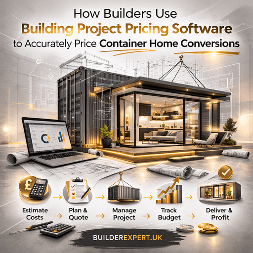How_Builders_USE_Building_Project_50 Infographic showing how builders use building project pricing software to estimate container home conversion costs and manage construction budgets in the UK.