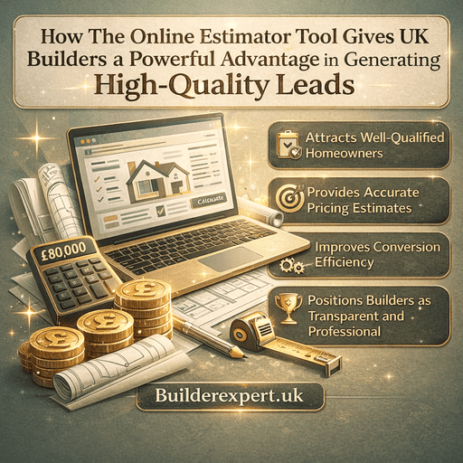 Infographic titled “How The Online Estimator Tool Gives UK Builders a Powerful Advantage in Generating High-Quality Leads” showing structured pricing, calculator, £ coins and residential planning visuals in sage green and gold design.