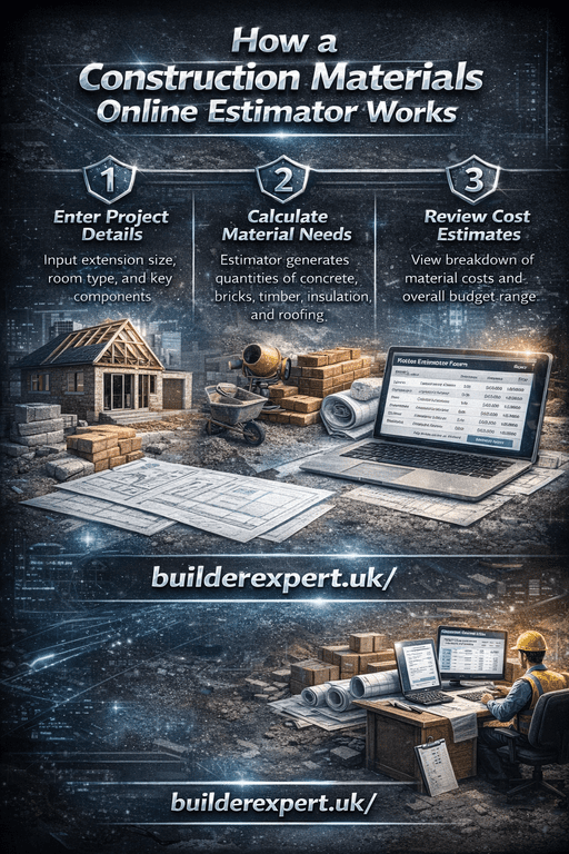 Infographic explaining how a construction materials online estimator works, showing steps for entering project details, calculating material quantities, and reviewing estimated building costs.