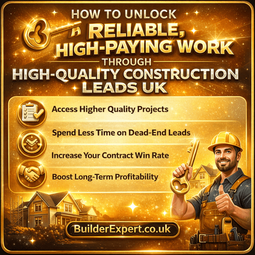 Square infographic titled “How to Unlock Reliable, High-Paying Work Through High-Quality Construction Leads UK” featuring bold gold typography, a golden key, residential homes and a professional UK builder on a vibrant yellow-orange background with BuilderExpert.co.uk displayed at the bottom.