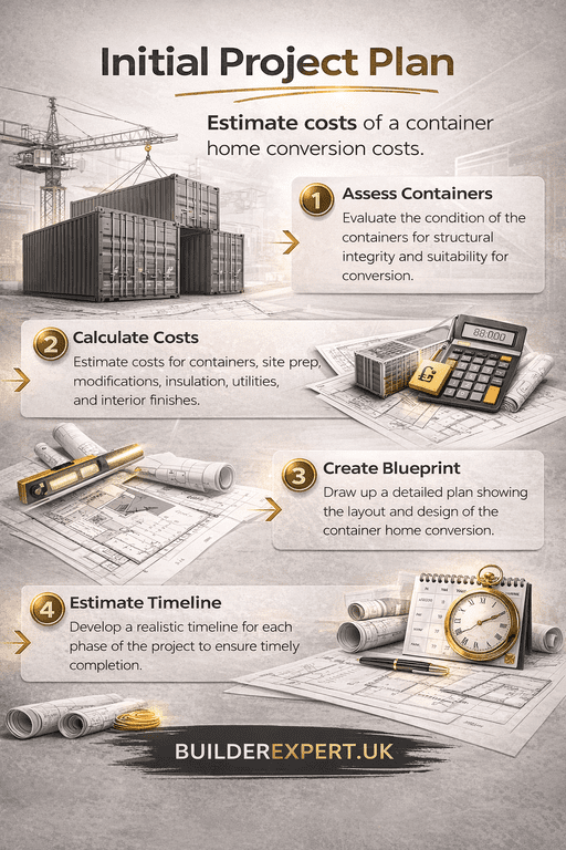 Initial_Project_Plan_50 Infographic showing the initial project plan for a container home conversion including container assessment, cost estimation, blueprint planning, and construction timeline for UK builders.